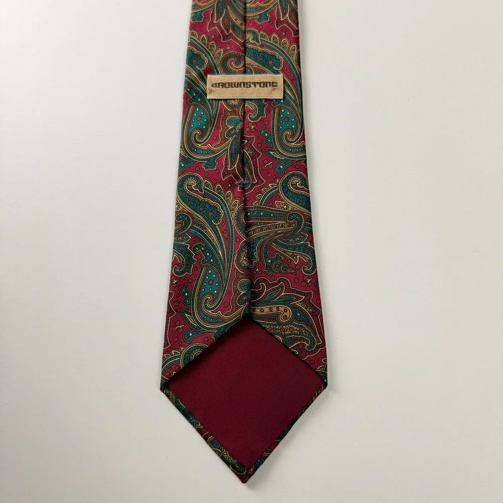 Vintage Brownstone Paisley Maroon Teal Italian Fabric‎ Silk Tie USA